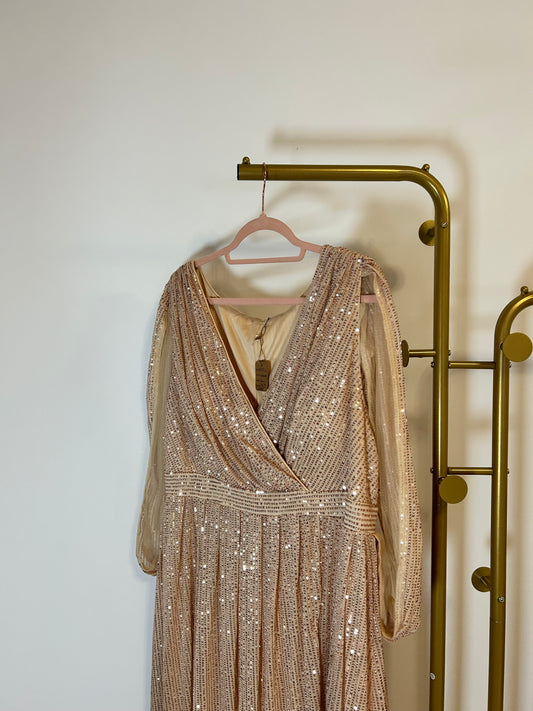 Sleeveless V Neck Sparkly Sequin Evening Dress - 2XL - Apricot