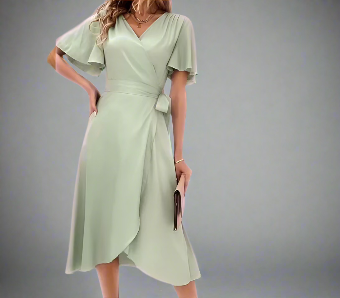 Butterfly Sleeve Knot Side Wrap Hem Dress - 2XL - Light Green