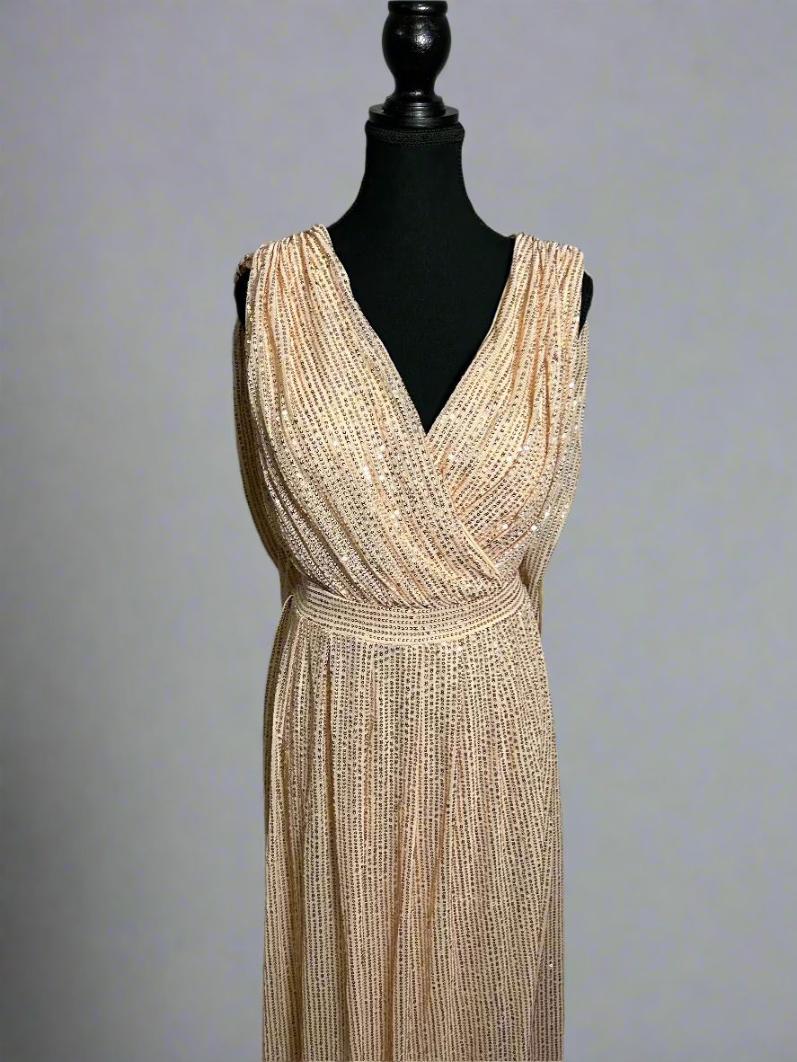 Sleeveless V Neck Sparkly Sequin Evening Dress - 2XL - Apricot