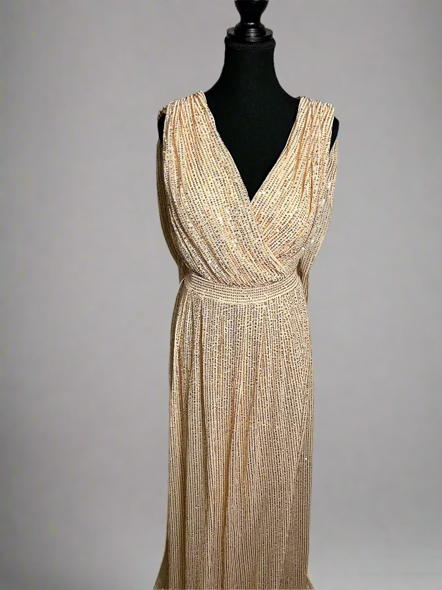 Sleeveless V Neck Sparkly Sequin Evening Dress - 2XL - Apricot