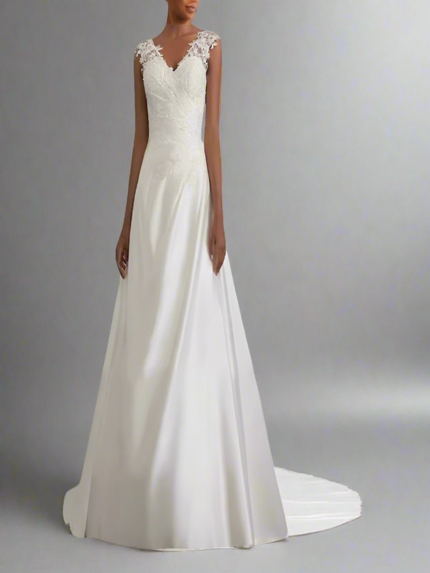 Lace Chiffon V Neck White Wedding Dress - Extra Large